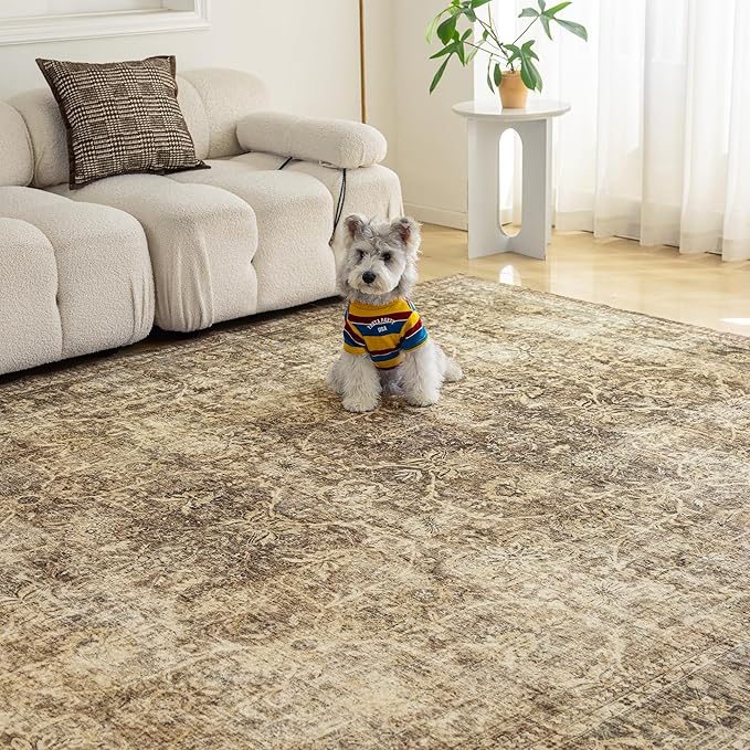 FMFUNCTEX 4x5 Washable Area Rug Neutral Vintage Brown Non Slip Low Pile Traditional Indoor Carpet for Entryway Living Room Bedroom Soft Retro Floral Mat Throw Rug for Dining Office Kitchen Entryway