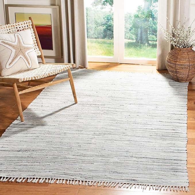 SAFAVIEH Rag Rug Collection Area Rug - 5' Square, Grey, Handmade Boho Stripe Cotton, Ideal for High Traffic Areas in Living Room, Bedroom (RAR121A)