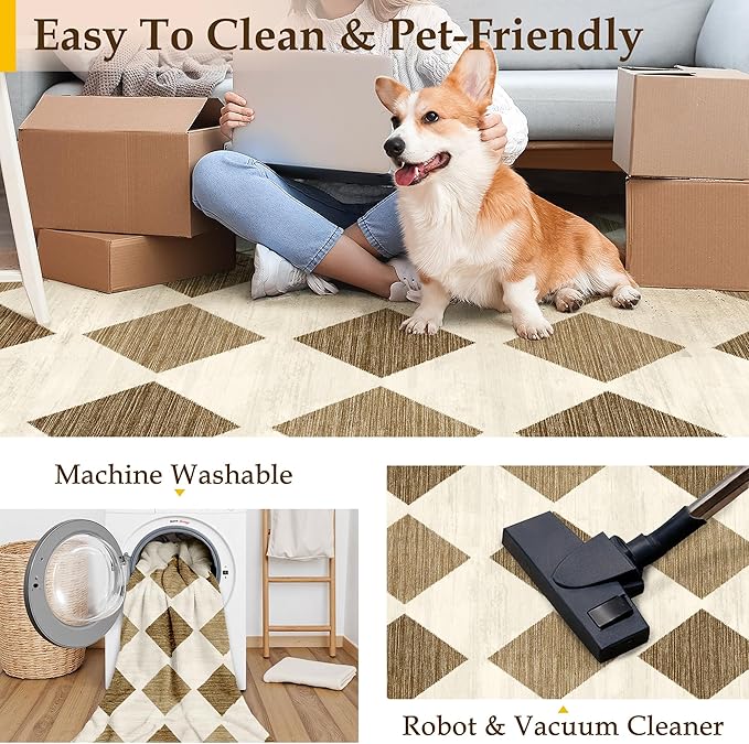 5x7 Checkered Area Rugs for Living Room Brown Machine Washable Large Rug Non-Slip Stain Resistant Low Pile Boho Accent Indoor Throw Carpet for Office Bedroom Dining Room Classroom