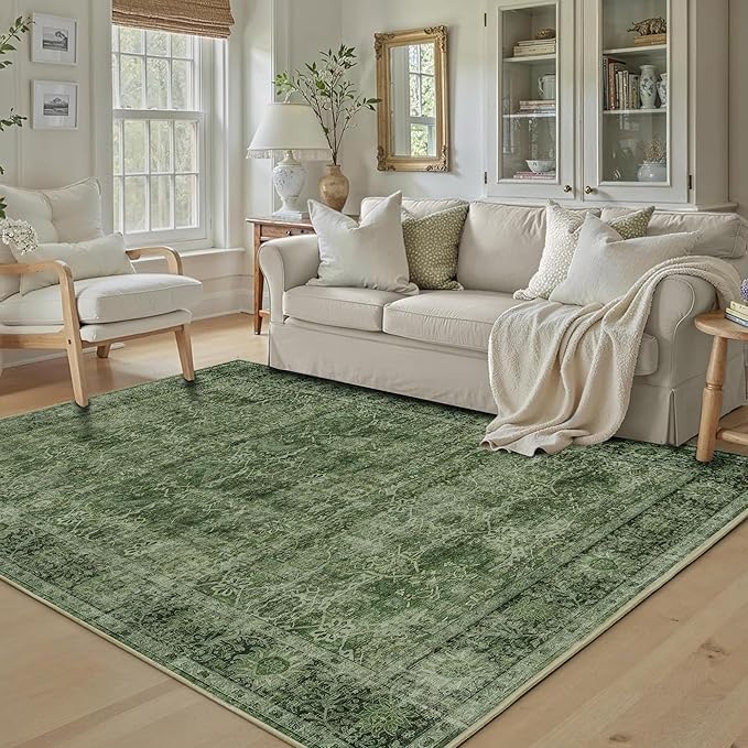 6x9 Green Washable Rug for Living Room Large Vintage Distressed Bedroom Rug Low Pile Non-Slip Soft Boho Carpets for Bedroom Dining Room Home Office Indoor Nursery