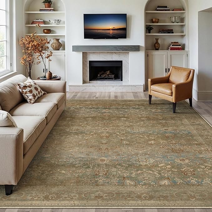 Vintage Area Rug 9x12 Washable Brown Living Room Carpet Large Indoor Non Slip Bedroom Low Pile Kitchen Distressed Retro Accent Throw Rug for Dining Room