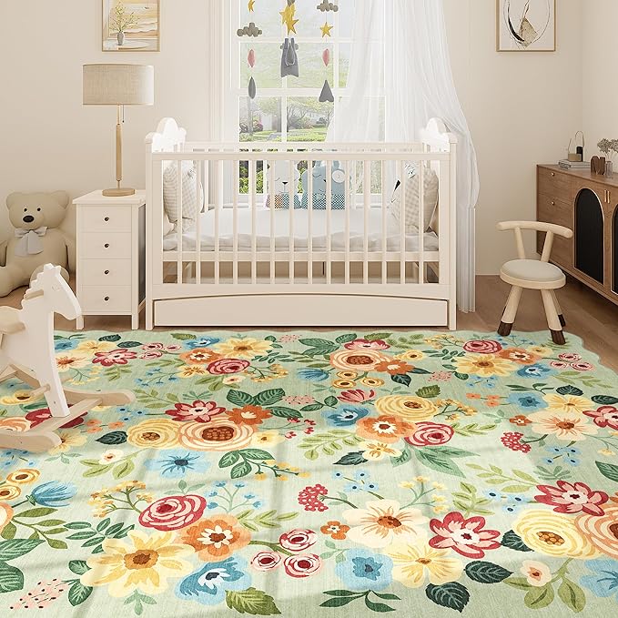 DUKINO 8x10 Area Rug, Floral Washable Rugs for Living Room with Non Slip Backing & Non-Shedding, Lightwight Low Pile Boho Design Large Carpets for Bedroom, Living Room, Dining Room, Green