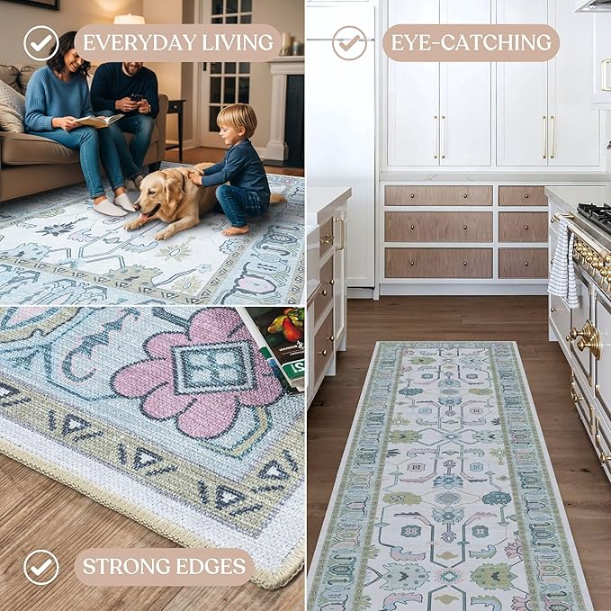 Cream Green Oushak Rug, Modern, Vintage, Turkish, Eclectic, Floral, Pastel, Washable, Oversized, Extra Large Area Rugs for Living Room, Dining, Bedroom, Lounge 9'5"x14'