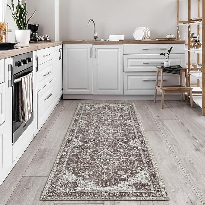 Bloom Rugs Washable Non-Slip 12 ft Runner - Dark Brown Traditional Medallion Runner for Entryway, Hallway, Bathroom, and Kitchen - Exact Size: 2.5' x 12'