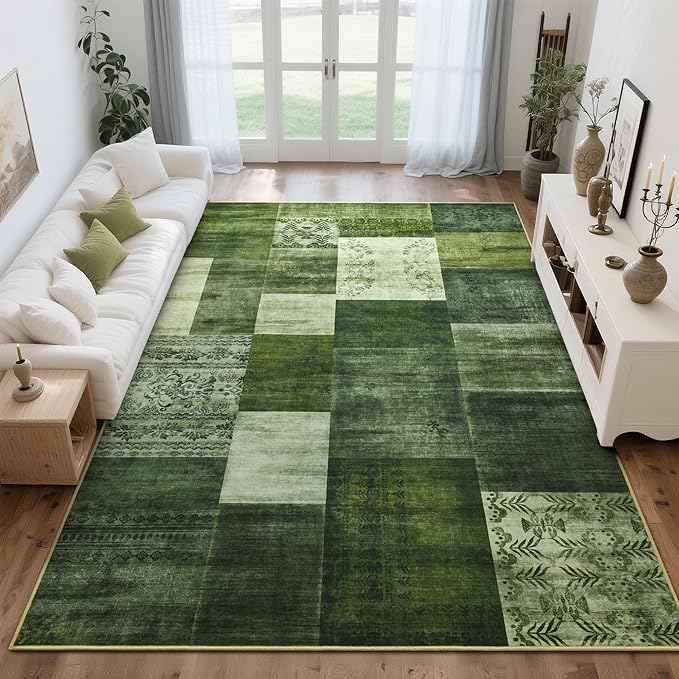 Tepook Modern Area Rug for Living Room, 6x9 Geometric Large Rugs for Bedroom, Washable Patchwork Rug Indoor Non-Slip Throw Carpets for Dining Room Office Farmhouse Home Decor, Green