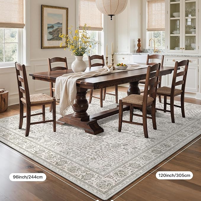 Bavni Washable Rugs 8x10-Machine Washable Rug Lightweight Low Pile, Vintage Floral Rug Non-Shedding Distressed Throw Carpet for Living Room Bedroom Office, Light Gery