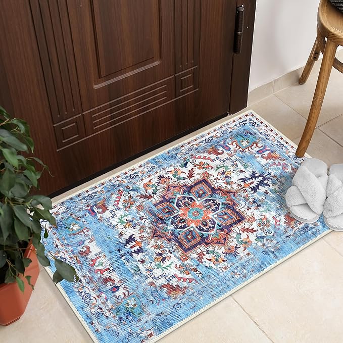 GLN Rugs Traditional Collection - Machine Washable Area Rug, Traditional Washable, Non Slip, Low Pile Chenille Rug, Living Room, Bedroom, Kitchen Rug (2' x 3' Blue/Multicolor)