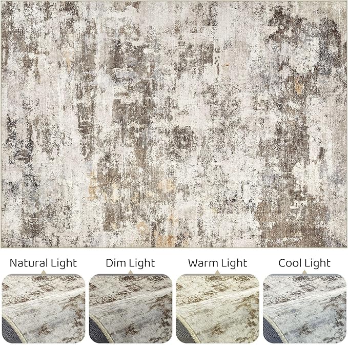 8x10 Area Rugs Living Room: Washable Large Abstract Neutral Modern Soft Rug Stain Resistant Indoor Floor Non-Slip Accent Carpet for Bedroom Nursery Playroom Dining Room Office Dorm Home- Brown Yellow