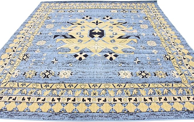 Unique Loom Taftan Collection Border Geometric Tribal Inspired Design Area Rug, 8 ft, Light Blue/Gold