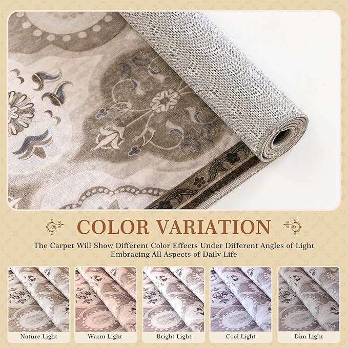 EnHomee Area Rugs 5x7, Soft Washable Rugs for Living Room Bedroom, Boho Non Slip Low Pile Stain Resistant Washable Rug Large Carpet for Dining Room,Easy to Clean Living Room Rug, Khaki