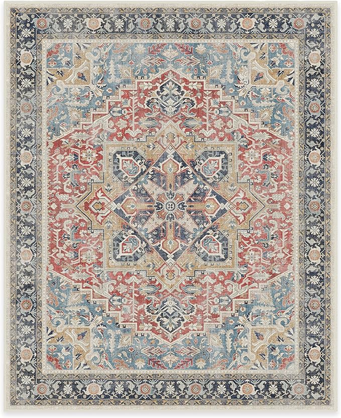RUGGABLE Washable Vintage Area Rug – Kamran Cayenne Red 8x10, Stain-Resistant, Non-Slip – Large Machine Washable Rugs for Living Room, Bedroom, Hallway, Entryway & Office–with Cushioned Pad