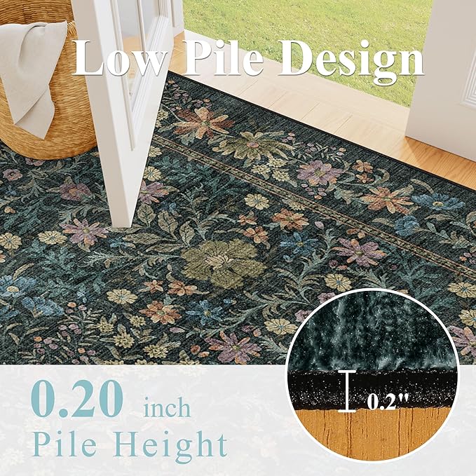 DOKINO 2x10 Runner Rug for Hallway, Vintage Washable Long Kitchen Rug with Low Pile Design, Floral Non Slip Soft Carpet Runner for Hallway, Kitchen, Bathroom, Bedroom, Blue