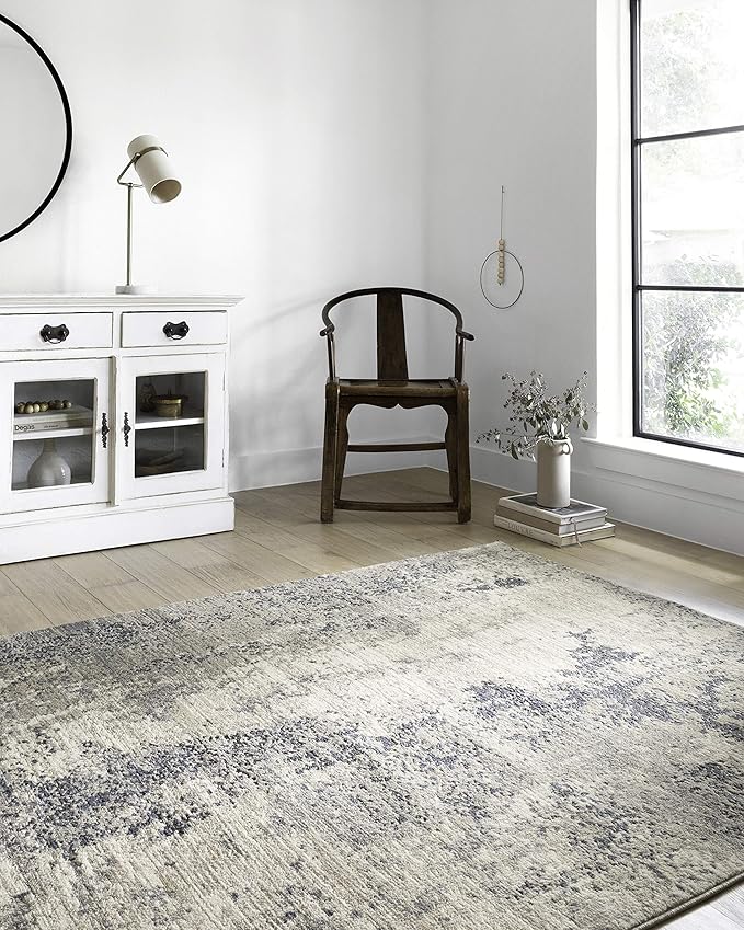 Loloi Teagan Collection TEA-07 Natural/Denim 6'-7" x 9'-2" Area Rug, Large, Soft Neutral Rug, High-Traffic for Living Room, Bedroom, Home Office, Dining Area