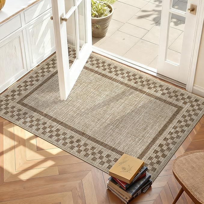 Small Area Rug 2x3 Modern Checkered Entry Rug Solid Color Scalloped Kitchen Rugs Washable Bedroom Doormat Non Slip Stain Resistant Bordered Throw Carpet for Living Room Nursery Laundry, Taupe