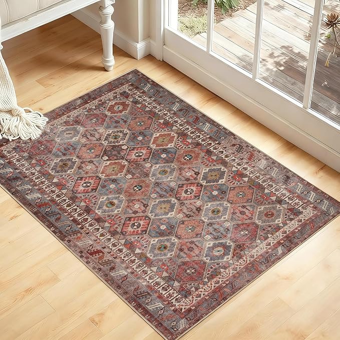 Kuden 2x3 Small Rug, Machine Washable, Non-Slip Backing, Vintage Style, Soft, Low Pile, Area Rugs for Entryway Kitchen Indoor Entrance