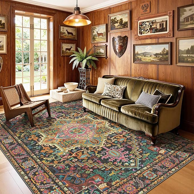 Kokia 9x12 Washable Black and Pink Area Rugs with Vintage Orient Design, Soft Rug for Living Room or Bedroom, Non-Slip Low Pile Stain Resistance Features, Distressed Medallion Pattern