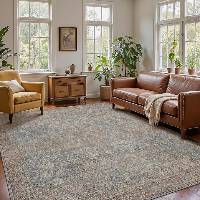 8x10 Area Rug Machine Washable Boho Rug for Living Room,Ultra-Thin Low Pile Carpet,Lightweight Indoor Printed Rug,Non Slip Floral Area Rug for Bedroom, Dining Room, Home Office,Grayish Blue