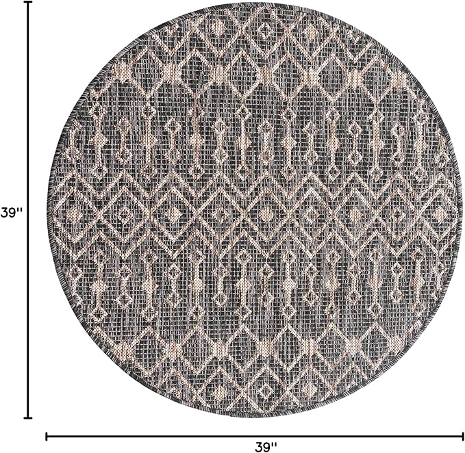 Unique Loom Outdoor Trellis Collection Area Rug - Tribal Trellis (3' 3" Round, Charcoal Gray/ Natural)