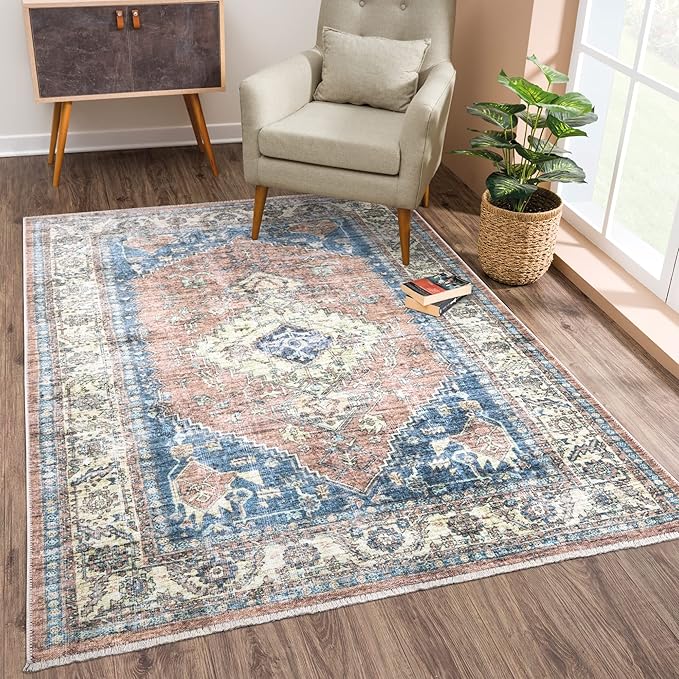 Bloom Rugs Caria Washable Non-Slip 8x10 Rug - Coral Pink/Ocean Blue Traditional Area Rug for Living Room, Bedroom, Dining Room, and Kitchen - Exact Size: 7'8" x 10'