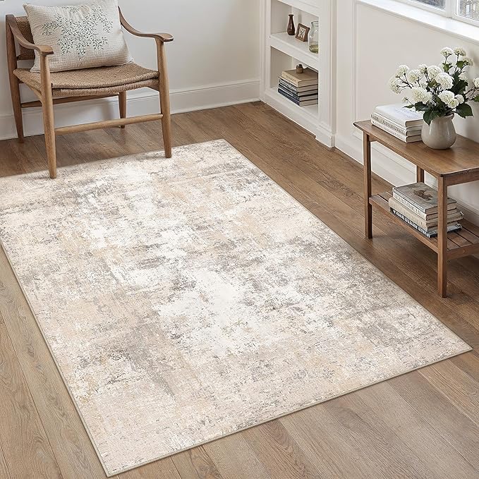 3x5 Washable Area Rug Beige Grey Abstract Entryway Office Throw Rug Neutral Modern Non Slip Soft Low Pile Small Carpet for Kitchen Living Room Bedroom Entrance