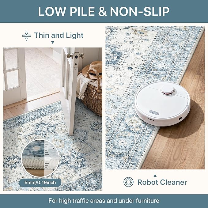 5x7 Area Rugs for Living Room, Machine Washable Rug, Non Slip Vintage Rugs, Low Pile Lightweight Print Rug for Bedroom, Dining Room, Home Office, Blue