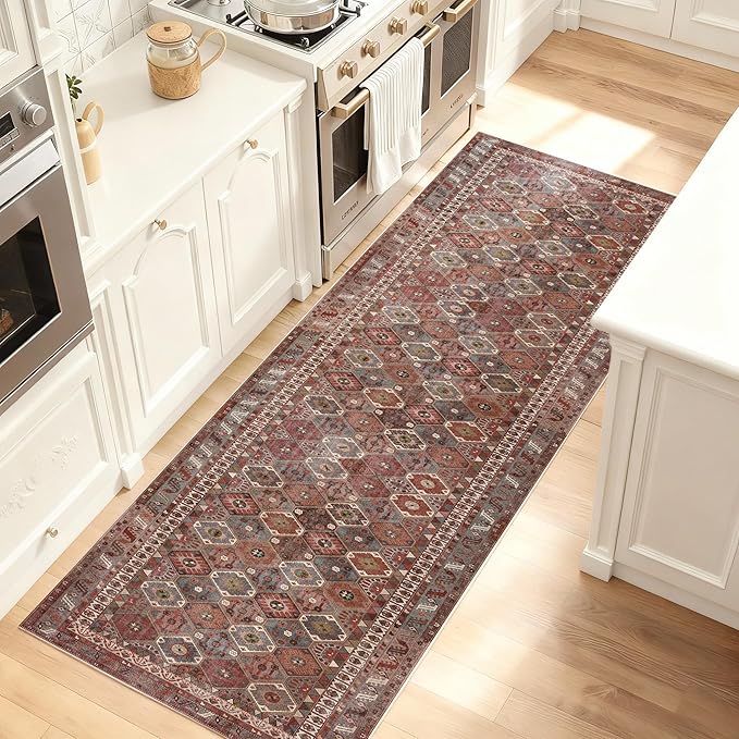 Kuden 2'6"x10 Runner Rug, Machine Washable Area Rug with Non-Slip Backing, Vintage Style, Soft, Easy Clean, Low Pile Rug for Hallway, Entryway, Kitchen, Bedroom