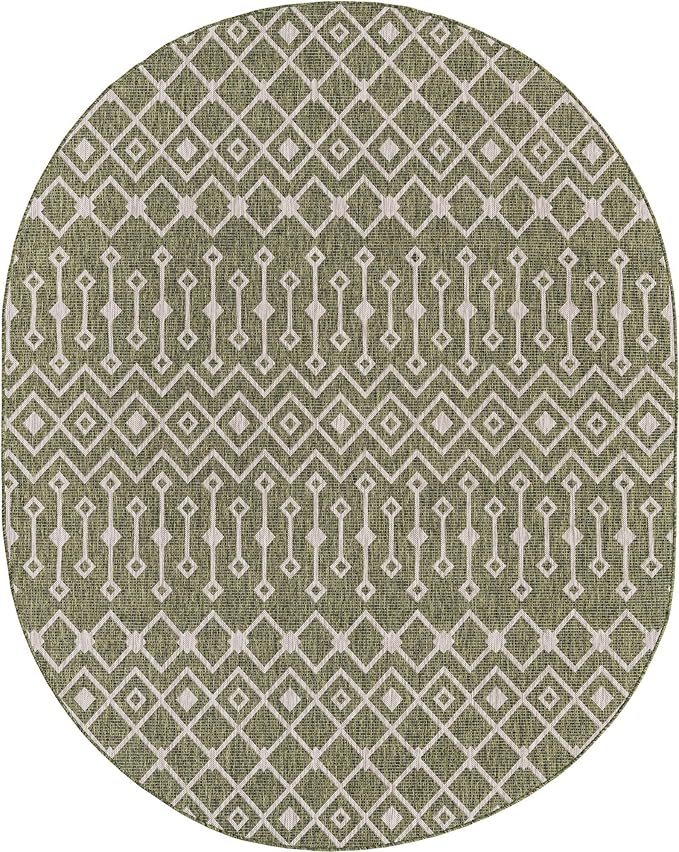 Unique Loom Outdoor Trellis Collection Area Rug - Tribal Trellis (7' 10" x 10' Oval, Green/ Natural)