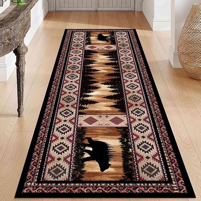 Rustic Cabin Bear Runner Rug, 4x10ft, Native American Long Runner Rug, Wildlife Black Bear Forest Hallway Rug, Vintage Brown Non-Slip Washable Southwestern Style Rug for Entry Kitchen