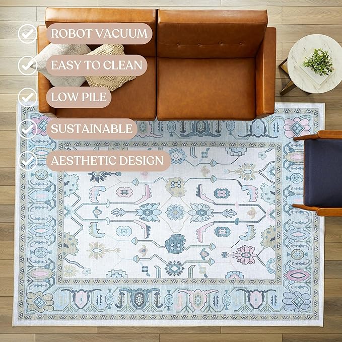 Fame Living Cream Green Oushak Runner Rug, Modern Runners, Vintage, Turkish, Eclectic, Floral, Pastel, Washable, Runner for Hallway, Kitchen, Bedroom, Bathroom, 2'5"x9'8"