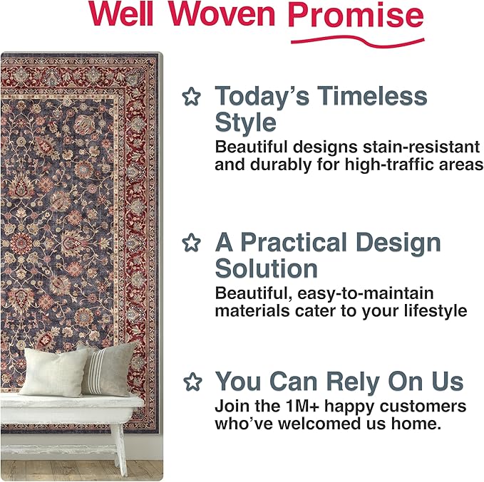 Well Woven Asha Rome Navy Blue Red 9'10" x 13' Area Rug - Oriental Floral Pattern, Easy Clean, Floor-Friendly Backing - for Living Room, Bedroom, and Dining Room