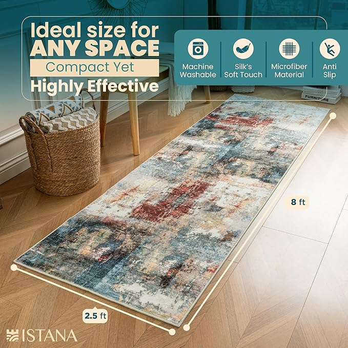 Istana Hallway Runner Rug 2.5x8 - Multi/Red Kitchen Rugs Non Slip Washable -Silk's Soft Touch Carpet Runner - Stylish Runner Rugs for Home