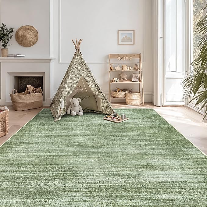 Loden Green Area Rug 6x9 for Playroom Non Slip Washable Rugs Hardwood Floor Protector Low Pile Neutral Abstract Modern Floor Carpet Dark Green Living Room Rug 6x9