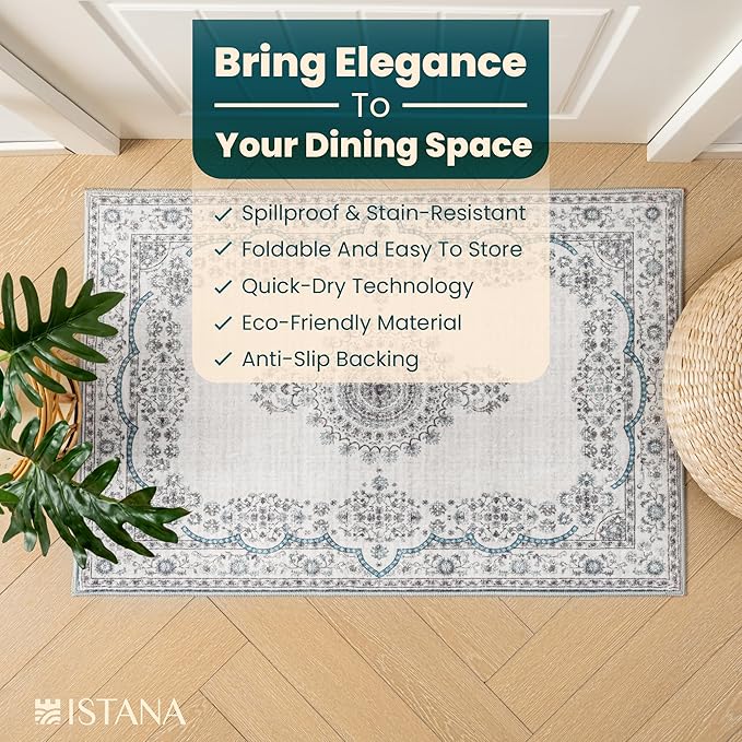 Istana Area Rug 2x4 - White Cream & Blue 2x4 Washable Rug Non Slip - Pet Friendly Living Room Rug - Non Shedding Washable Rugs for Bedroom - Foldable Bathroom Rugs