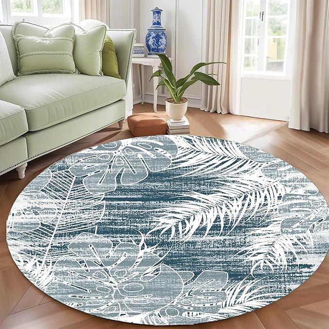 Washable Round Rug 6ft - Blue Tropical Botanical Pattern, Non-Slip Low Pile No Shedding Carpet, Soft Flannel Feel Rug for Living Room, Bedroom, Bathroom，Indoor Use