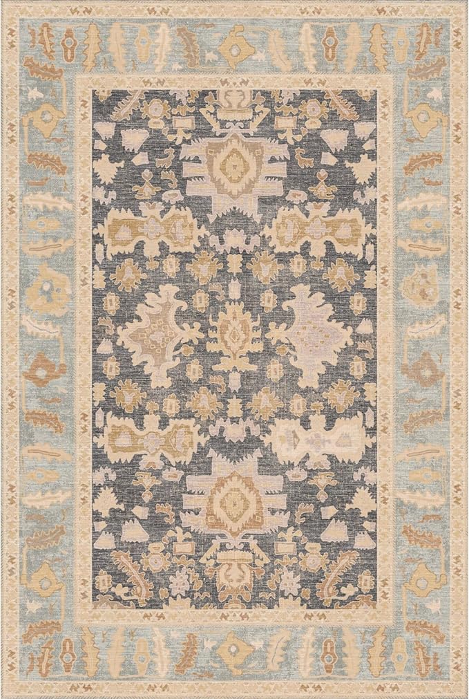Kuden 6x9 Area Rug, Machine Washable Area Rug with Non-Slip Backing, Vintage Style, Soft, Easy Clean, Low Pile Rug for Living Room, Bedroom, Dining Room