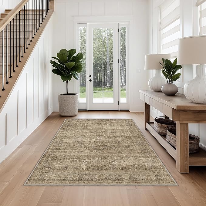 FMFUNCTEX 4x6 Washable Area Rug Neutral Vintage Brown Distressed Non Slip Low Pile Traditional Indoor Carpet for Entryway Living Room Bedroom Soft Retro Throw Rug for Dining Office Kitchen Entryway