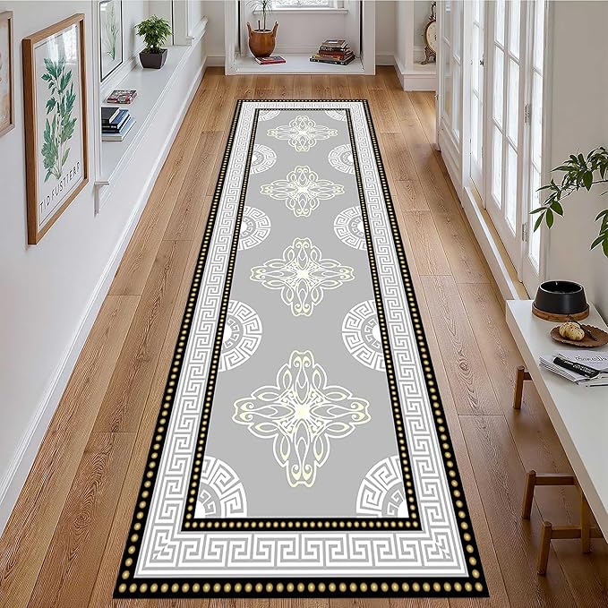 Boho Long Runners Carpet, 2x6ft, Modern Geometric Bohemian Print with Greek Key Grey Long Hallway Rug, Low-Profile Non Slip Rubber Backed Flat Rugs for Relax Room Entryways