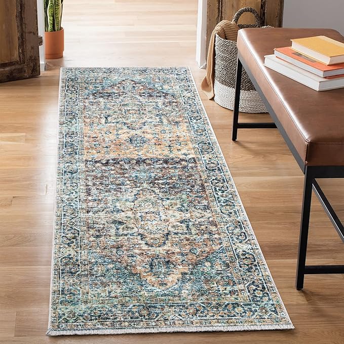 Bloom Rugs Caria Washable Non-Slip 12 ft Runner - Blue Green/Tangerine Traditional Runner for Entryway, Hallway, Bathroom, and Kitchen - Exact Size: 2'6" x 12'