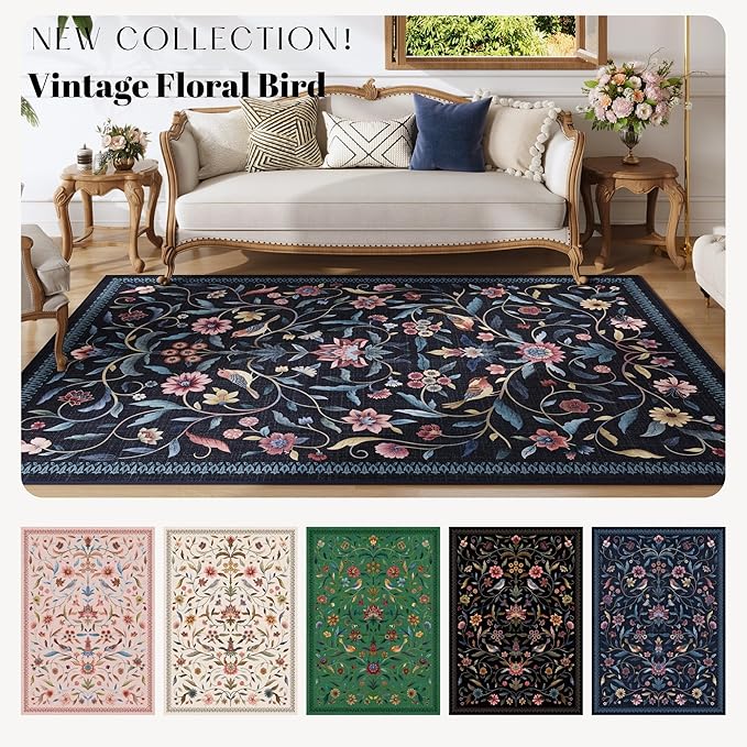 Vintage Medallion Floral 5x7 Area Rugs, Machine Washable Non-Slip, Low Pile Soft Carpet for Living Room, Bedroom, Dining Room, Farmhouse, Kids Playroom, Office | Blue