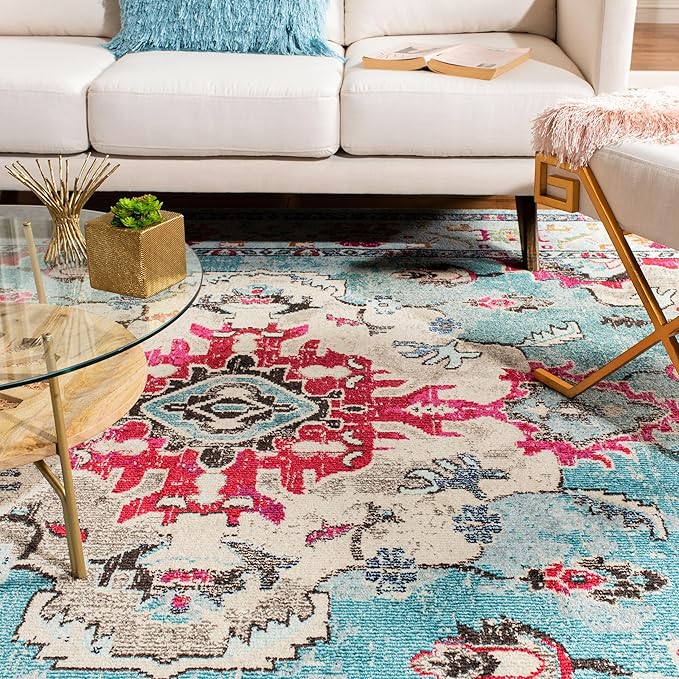 SAFAVIEH Monaco Collection Area Rug - 11' Square, Light Blue & Fuchsia, Boho Chic Medallion Distressed Design, Non-Shedding & Easy Care, Ideal for High Traffic Areas in Living Room, Bedroom (MNC243J)