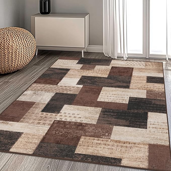Modern Geometric Patchwork Indoor Area Rug for Living Room, Chocolate 9'x 12' Large Rug Rockwood Collection Hardwood Floors Decor for Bedroom, Brown Throw Carpet for Office Entryway Dining Room