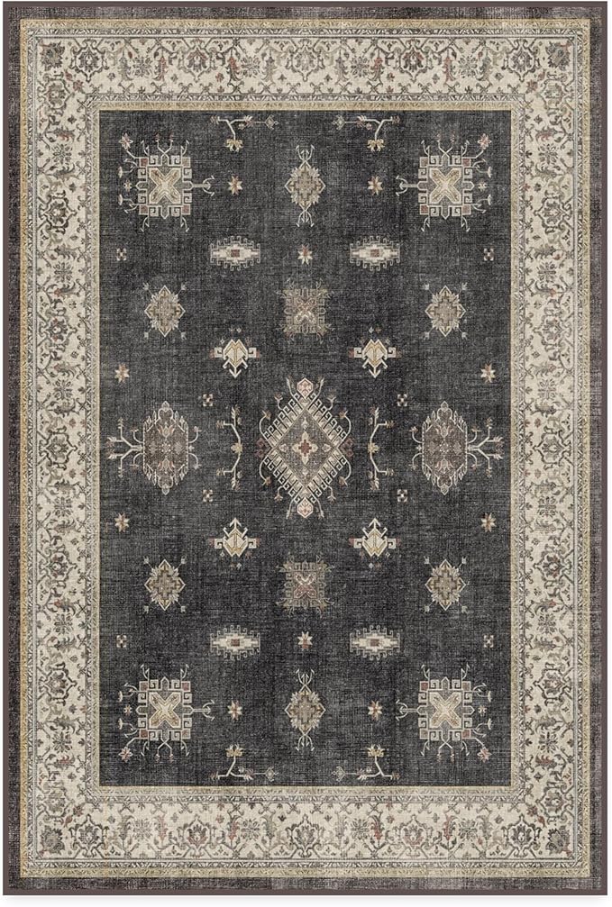 RUGGABLE Washable Vintage Area Rug – Verena Dark Wood 4x6, Stain-Resistant, Non-Slip – Medium Machine Washable Rugs for Living Room, Bedroom, Hallway, Entryway & Office–with Standard Pad
