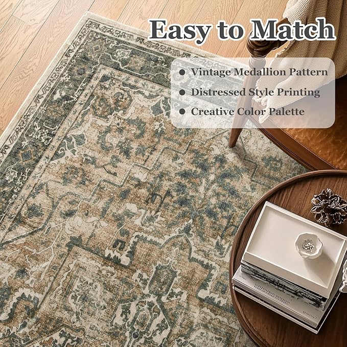 Vintage Distressed 5x8 Area Rugs for Living Room Bedroom, Low Pile Machine Washable Non Slip Dining Room Carpet Rugs for Under Table/Home Office/Kitchen, Printed Multi Brown/Slate Green