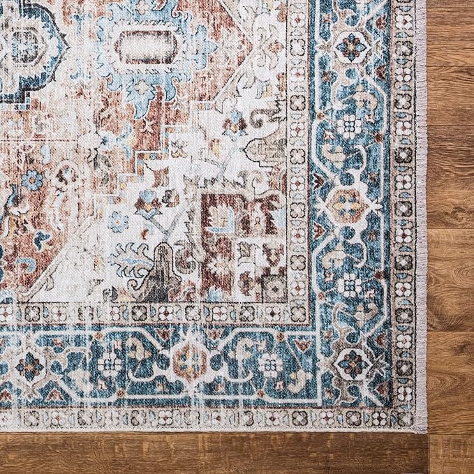 Bloom Rugs Caria Washable Non-Slip 8x10 Rug - Terracotta/Blue Traditional Area Rug for Living Room, Bedroom, Dining Room, and Kitchen - Exact Size: 7'8" x 10'