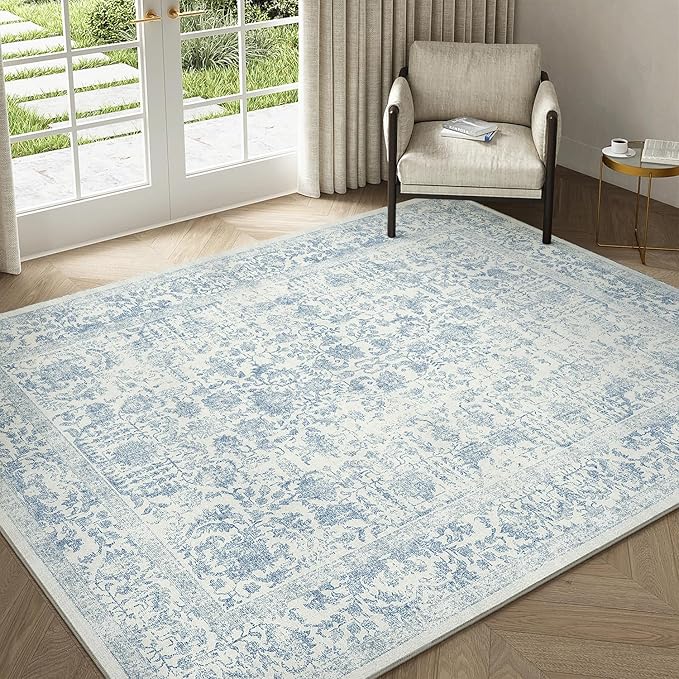 Blue Area Rug 3x4 Office Entryway Rug Machine Washable Kitchen Vintage Distressed Non Slip Carpet Indoor Retro Floral Accent Throw Door Mat for Bathroom Bedroom Dining Living Room