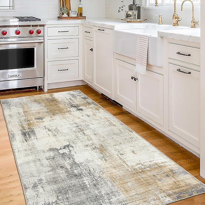 ReaLife Rugs Machine Washable Area Rug Runner - Living Room Bedroom Bathroom Kitchen Entryway Office - Padded Low Pile Stain Resistant Premium - Modern Abstract Contemporary - Quinn - Beige 2'6" x 8'