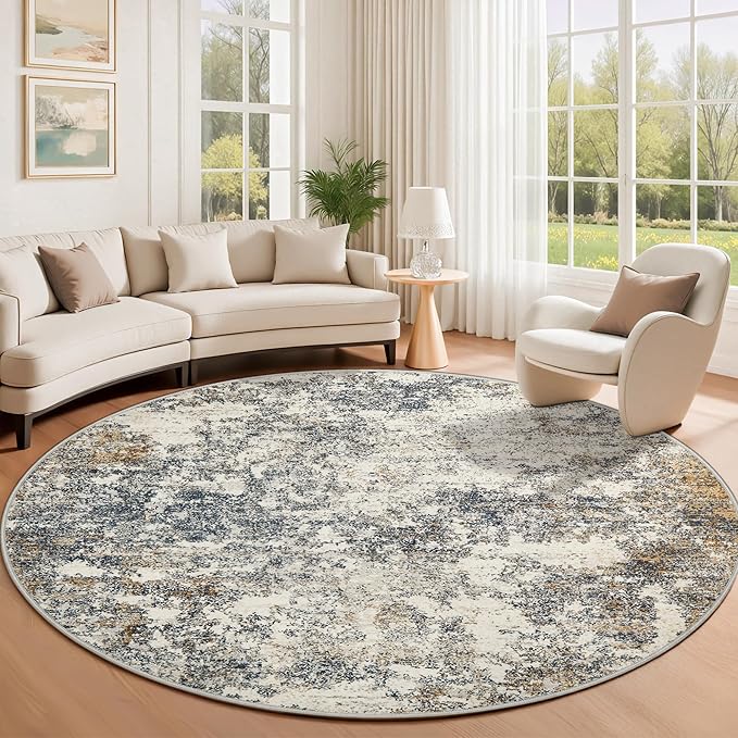 8ft Washable Round Rug - 8x8 Area Rugs Modern Abstract Rugs for Living Room Non-Slip Low Pile Soft Machine Washable Carpet for Bedroom, Living Room, Dining Room, Nursery, Farmhouse (8'x8' Tan Blue)
