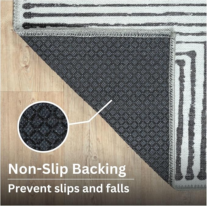 Bloom Rugs Washable Non-Slip 8' x 10' Rug - Black/Ivory Striped Area Rug for Living Room, Bedroom, Dining Room, and Kitchen - Exact Size: 8' x 10'