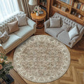 jinchan Fiora Round Rug 8ft Area Rug - Taupe Vintage Floor Mat Indoor Ultra-Thin Soft Floral Print - Washable Circle 8' Retro Accent for Farmhouse Non Slip Dining Room Living Room Bedroom Office