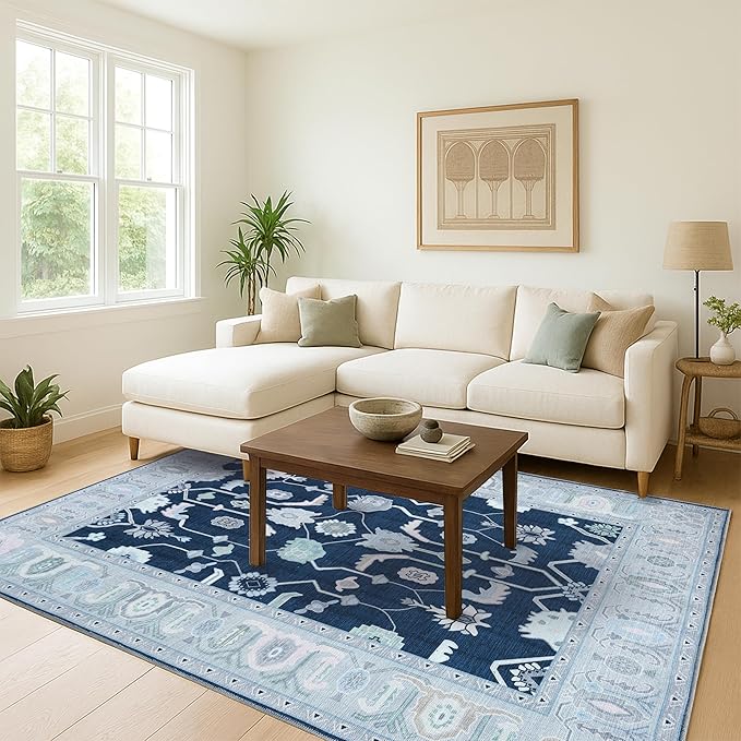 Fame Living Navy Blue Oushak Rug, Modern Rugs, Vintage, Turkish, Eclectic, Floral, Pastel, Washable, Small Throw, Accent Area Rug for Living Room, Bedroom, Kitchen, Bathroom, 2'5"x4'9